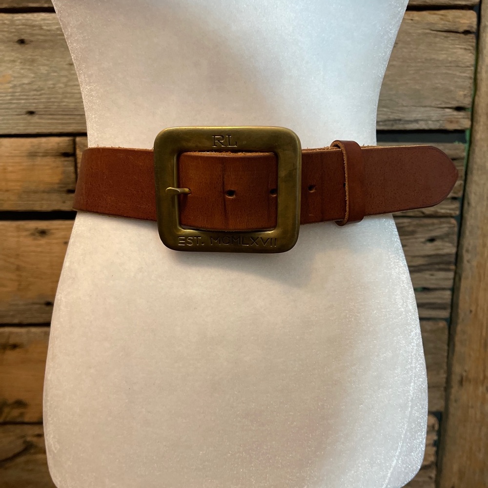Vtg Ralph Lauren Men’s Luggage Brown Leather Belt Sz 34 Brass Buckle Rare USA